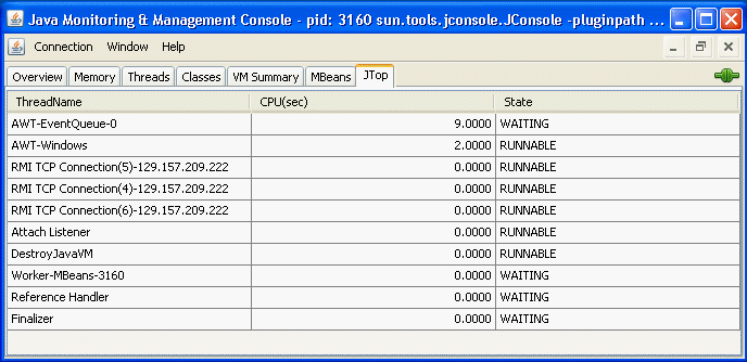 A custom tab showing connected to the JTop example program.